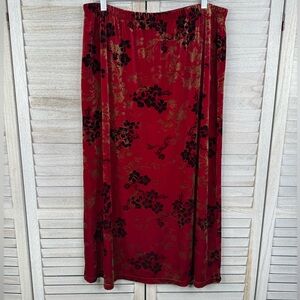NOTATIONS Vintage 90's-Y2K Pull On Crushed Velvet Maxi Skirt Red/Floral-1X